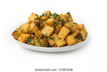 Spicy potato cut in cubes and fried, lebanese cuisine