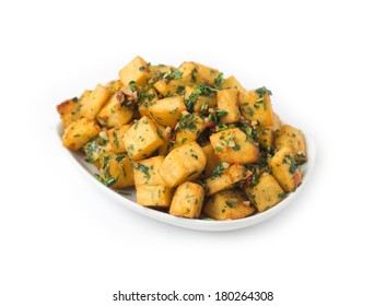 Spicy potato cut in cubes and fried, lebanese cuisine 