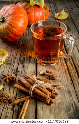 Spicy pumpkin tea, autumn hot drink glass cup, with pumpkins, cinnamon and spices on old rustic wooden background copy space