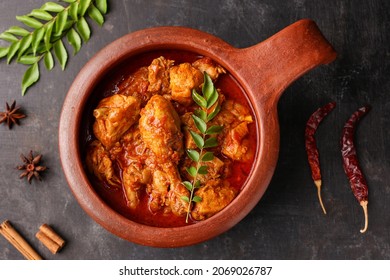 Spicy red chicken curry. Kerala style chicken vindaloo. Butter chicken Murgh Makhani curry Indian spices hot and spicy gravy dish Dhaba Punjab, India. North Indian non-veg cuisine Garam Masala. tikka