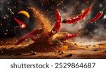 Spicy red chili peppers burst through cloud of chili powder, creating dynamic and flavorful scene. vibrant colors and textures evoke excitement and heat in this high end food advertisement.