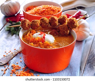 Spicy Red Lentil Soup With Mini Meatballs Skewers