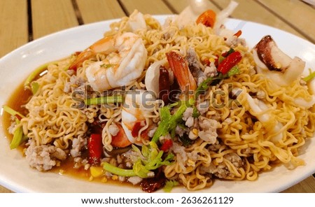 Spicy salad, seafood salad, instant noodle salad, Thai food, seafood
