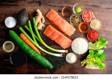 Spicy Salmon Sushi Bowl Ingredients: Raw Salmon, Sushi Rice, Vegetables, And Other Ingredients