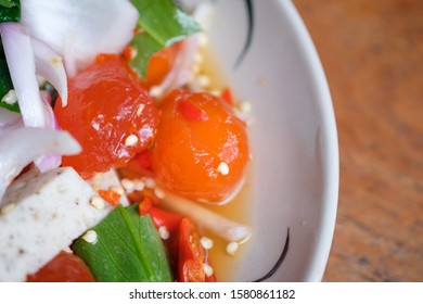 Spicy Salted Egg Yolk With Onion Thai Salad On Plate