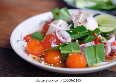 Spicy Salted Egg Yolk With Onion Thai Salad On Plate