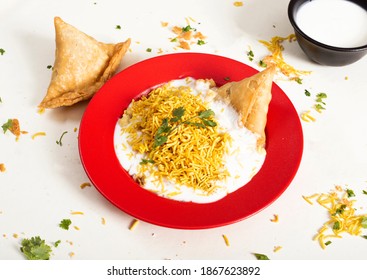 Spicy Samosa Chaat Snack On White Background