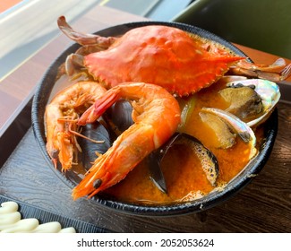 Spicy Seafood Ramen With Blue Crab And Shrimp On Top. It Has Abalone And Mussels, So The Soup Is Really Good.