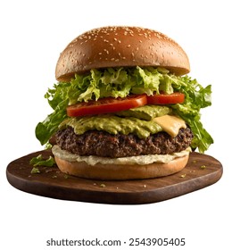 A spicy Southwest Chipotle burger featuring a juicy beef patty, smoky chipotle mayo, melted cheddar, avocado, lettuce, and tomato, all on a toasted brioche bun. - Powered by Shutterstock