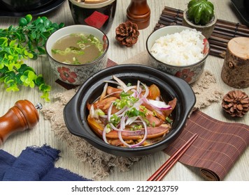 Spicy Stir Fried Chongqing Squid Casserole With Rice And Soup Isolated On Mate Top View Of Chinese Food Table