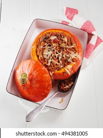 Spicy Stuffed Autumn Pumpkin With Ground Beef And Melted Cheese Served In A Dish For A Hearty Healthy Meal