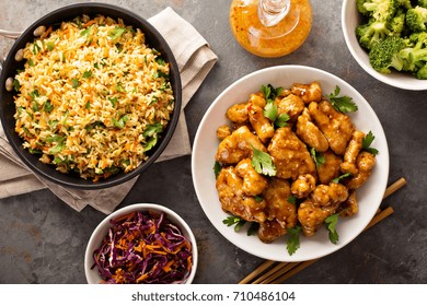 Spicy Sweet And Sour General Tso Chicken With Fried Rice And Purple Cabbage Overhead Shot