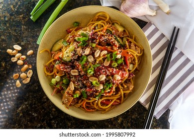 Spicy Thai Chicken Peanut Butter Lo Mein Noodles With Tuxedo Sesame Seeds