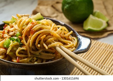 Spicy Thai Vegetable Peanut Butter Lo Mein Noodles With Sesame Seeds