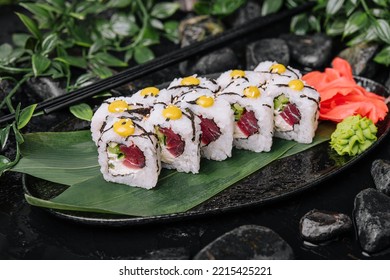 Spicy Tuna Maki Rolls On Plate