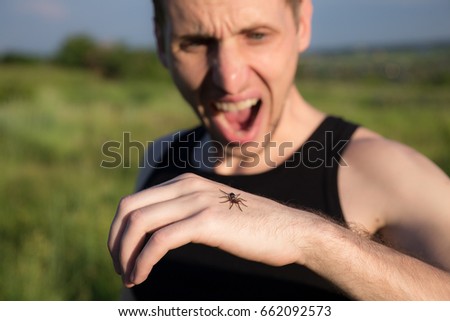Spider bites the hand. The man is afraid