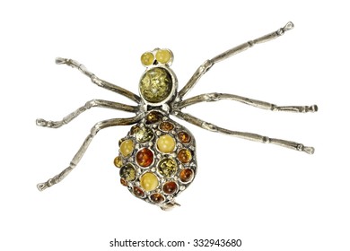 Spider Brooch With Amber