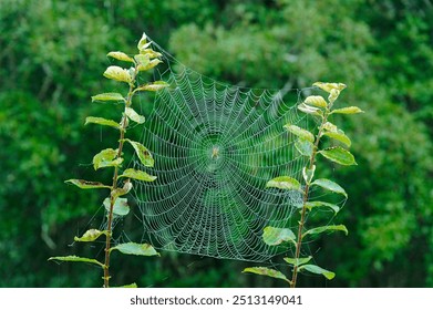 A spider diligently crafts an intricate web strung between two green plants, surrounded by lush forest foliage in the soft light of morning. - Powered by Shutterstock