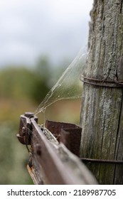 Spider Web Attached To Old Rusty Wooden Fence Post