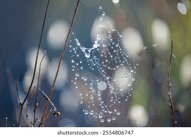 A spider web in a drop of dew on an autumn meadow. Melted frost on a spider web. - Powered by Shutterstock