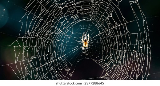 Spider web with spider on black  background. Backlight  sun on the spider - Powered by Shutterstock