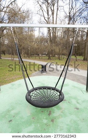A Spider Web Swing sits empty in a playground surrounded by tall trees. A walking path is visible in the background. The sky is cloudy, adding a cool atmosphere to the scene.