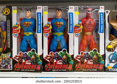 Spiderman And Superman Toys On The Toy Store Shelf. Minsk, Belarus, 2022