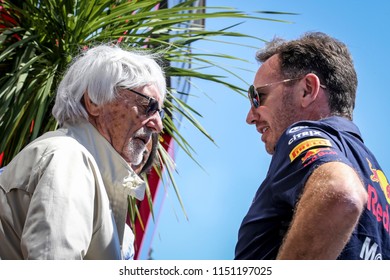 Spielberg, Austria. 01/07/2018. F1 Grand Prix of Austria. F1 World Championship 2018. Bernie Ecclestone and Christian Horner talking.