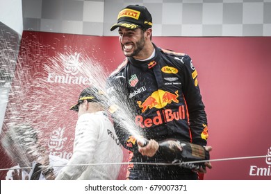 Spielberg, Austria. 9 July 2017. F1 Grand Prix Of Austria. Daniel Ricciardo, Red Bull, Celebrating On The Podium.