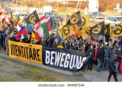 Spielfeld, Austria - November 28, 2015: International blockade by 1000 activists of the Austrian identitarian movement of the border crossing near Spielfeld.
