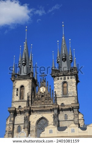 Spiers of the towers of the Tyn Cathedral seen from below. Also called The Church of Mother of God before Tyn, is a gothic church and a dominant feature of the Old Town of Prague