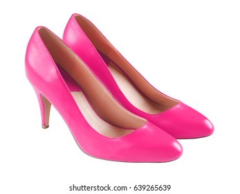 Spike Pink Leather High Heels Isolated On White