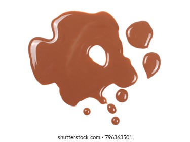 Spilled Chocolate Milk Puddle Isolated On White Background, Top View