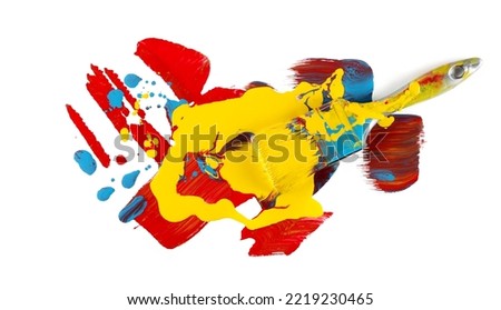 Spilled colorful paint and paintbrush isolated on white, top view