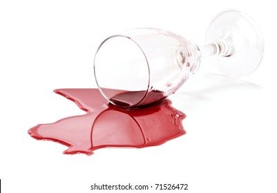 Spilled red wine glass isolated on white background