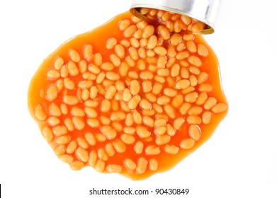 Spilled Tin Of Baked Beans On A White Background