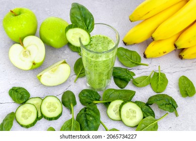 Spinach, Apple, Banana And Cucumber Smoothie. Detoxification Of The Body. Healthy Eating.