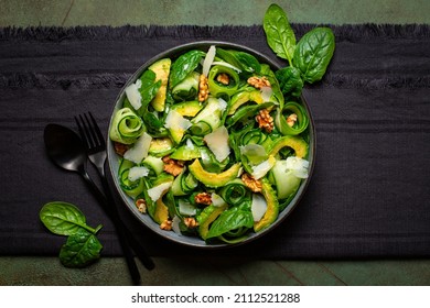 Spinach, Avocado, Cucumber, Walnut And Parmesan Cheese Salad. Top View.