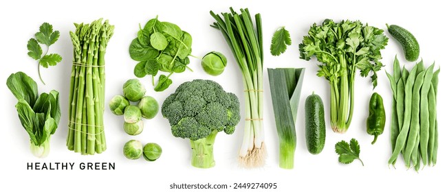 Spinach, broccoli, brussel sprouts, asparagus, pak choi, celery, onion, cucumber, pepper, bean isolated on white background. Healthy green vegetable collection. Design element. Top view, flat lay
 - Powered by Shutterstock