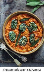 Spinach And Ricotta Dumplings In Tomato And Courgette Sauce