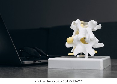 Spine model on a dark background at a physiotherapist’s desk, emphasizing advanced treatment techniques and personalized care. Ideal for showcasing modern spinal health and rehabilitation methods. - Powered by Shutterstock