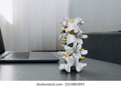 Spine model on a dark background at a physiotherapist’s desk, emphasizing advanced treatment techniques and personalized care. Ideal for showcasing modern spinal health and rehabilitation methods. - Powered by Shutterstock