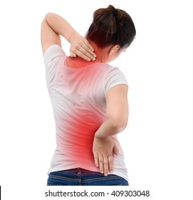Spine osteoporosis. Scoliosis. Spinal cord problems on woman's back. isolated on white background - Shutterstock ID 409303048