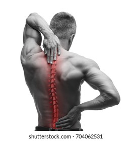 Spine Pain, Man With Backache And Ache In The Neck, Black And White Photo With Red Backbone, Isolated On White Background