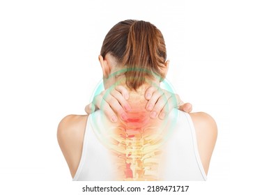 Spine of woman with neck pain. Young woman holding his neck in pain. Medical concept. Healthcare and medical concept: pain in a neck.
