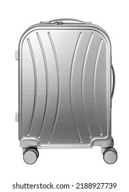 Spinner Luggage Isolated On White Background. Gray Suitcase. Suitcase On Wheels. 