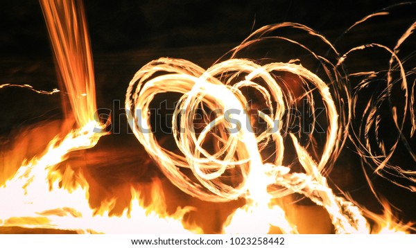 Spinning Fire Poi Rings Fire Performance Stock Photo Edit Now 1023258442