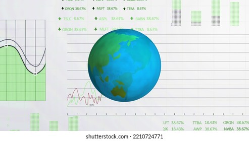 Spinning Globe Icon Over Financial And Stock Market Data Processing Against White Background. Global Finance And Business Concept