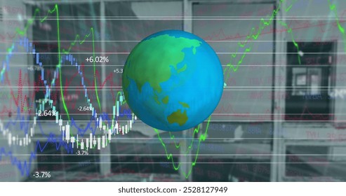 Spinning globe icon over stock market and financial data processing against empty office. global economy and business concept
