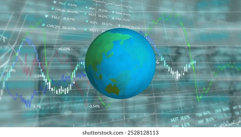 Spinning globe icon over stock market and financial data processing against empty office. global economy and business concept